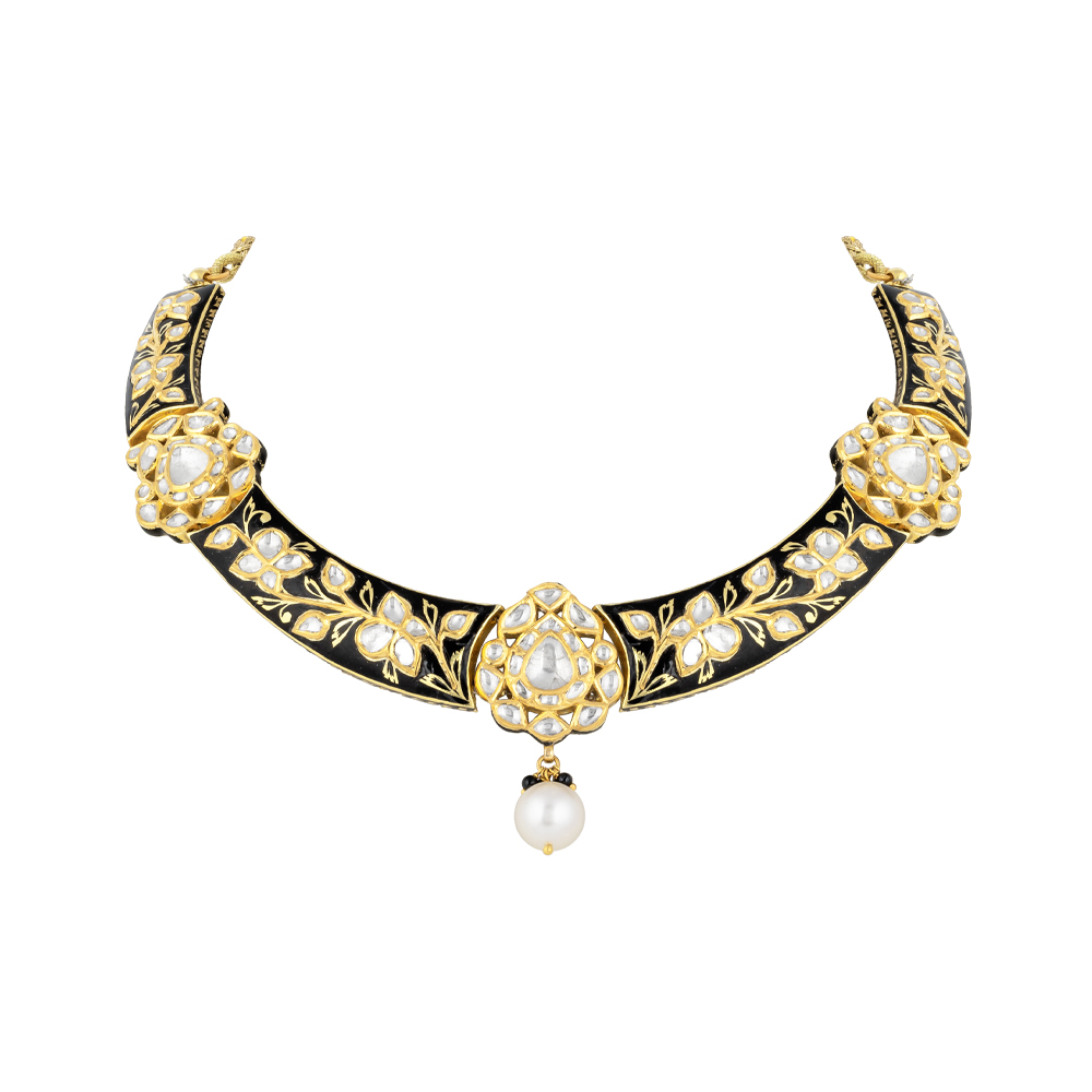 Black Enamel Hasli Necklace with Polki & Gold Floral Motifs